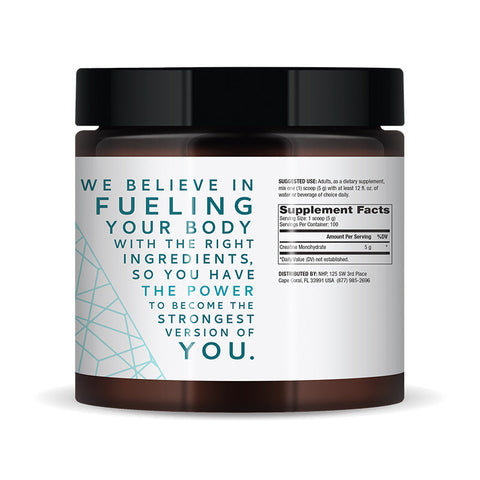 Pure Power Creatine Monohydrate powder from Dr. Mercola in a dark jar, supporting strength and endurance for training.