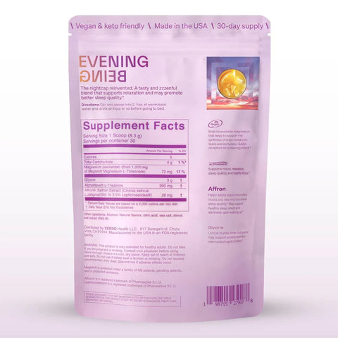 Sugar-free evening supplement packaging with glycine, magnesium and saffron, designed for relaxation and sleep support.