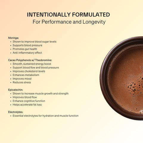 Rich chocolate drink with moringa, cacao and green tea extract, which promotes energy, mental clarity and hydration.