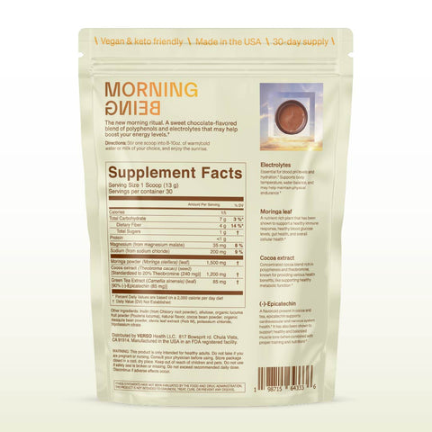 Pack of chocolate drink mix containing moringa, cacao and green tea extract, which promotes energy and hydration. 30 servings.