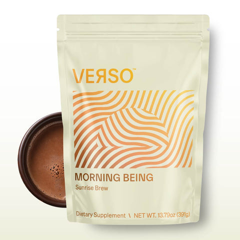 Creamy chocolate drink mix pack branded "Morning Being" from Verso, with moringa, cacao and green tea extract.