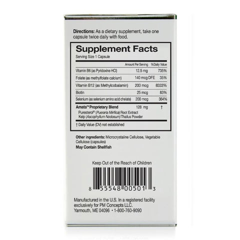 Pueraria Mirifica Plus supplement box with 120 capsules, highlighting key ingredients and benefits.