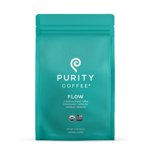 Kaffepose med medium brenning fra Purity Coffee merket "FLOW," designet for generell helse og mental fokus.