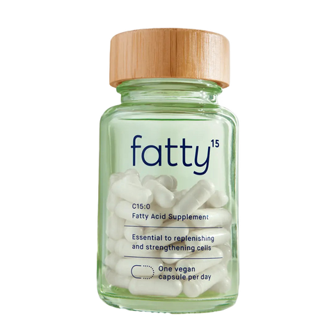 Fatty15 Starter Kit with a glass jar containing vegan capsules that promote cellular health with essential C15:0 fatty acids.