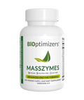 MassZymes by BiOptimizers, a vegan enzyme supplement in a white bottle with 30 capsules, supporting protein digestion and recovery.