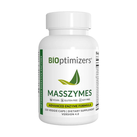 MassZymes by BiOptimizers, a vegan enzyme supplement in a white bottle with 30 capsules, supporting protein digestion and recovery.