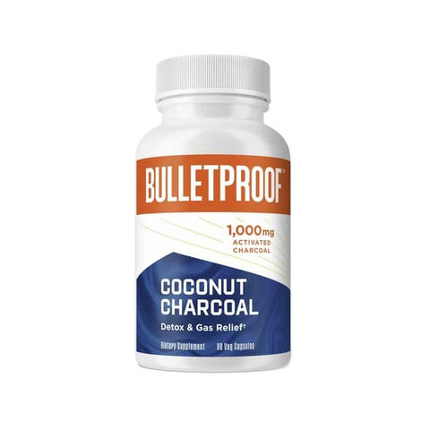 Coconut charcoal supplement from Bulletproof, with 1 000 mg activated charcoal for detox and gas relief in a white bottle.