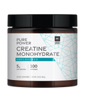 Pure Power Creatine Monohydrate from Dr. Mercola in an unscented powdered form, presented in a dark container with a geometric design.