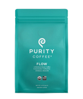 Medium-roast ground coffee bag labeled "FLOW" from Purity Coffee, designed for general health and enhanced mental focus.