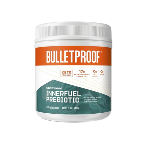Unflavored Innerfuel Prebiotika from Bulletproof in a white container, promotes gut health with 17 g prebiotics per serving.