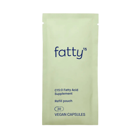 Refill pouch with Fatty15 C15:0 fatty acid supplement, contains 30 vegan capsules to support cellular health.