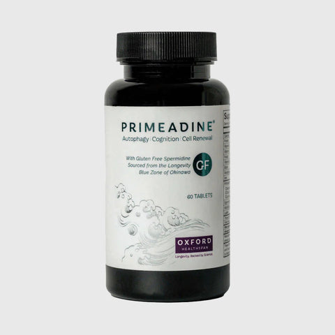 Premium Spermidine GF supplement from Primeadine, gluten-free and soy-free, promotes anti-aging and detox benefits.