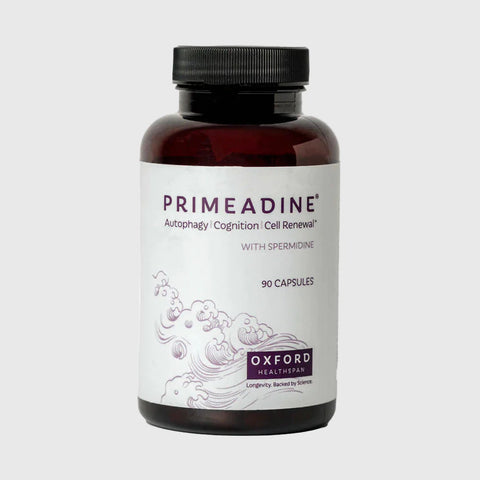 Premium Spermidine dietary supplement from Primeadine in a dark bottle, with 90 capsules, that promotes autophagy and cellular renewal.